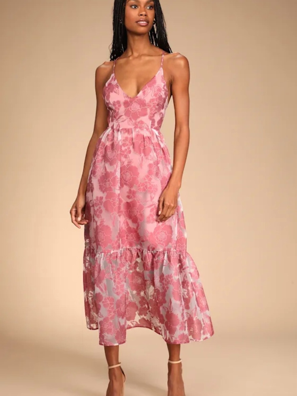 Romantic Floral Pink V-Neck Midi Flowy Chiffon Dress with Ruffle Hem Wedding